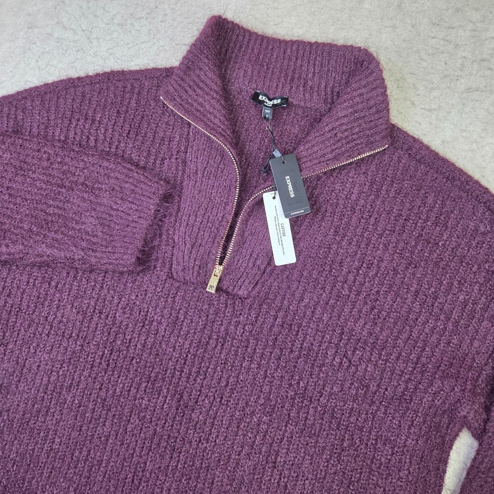 Express London XL Burgundy Fuzzy Knit Quarter Zip Sweater Pullover (NWT $98)